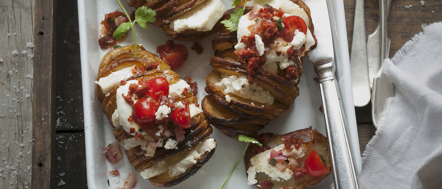 Loaded hasselback potatoes with buche tomato salsa and chorizo crumbs ...